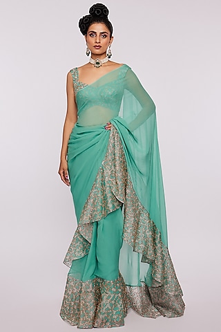 Sea Green Organza Printed & Embellished Ruffled Saree Set by Aisha Rao
