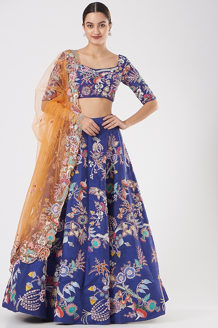 Electric Blue Brocade Embellished Bridal Lehenga Set by Aisha Rao at Pernia's Pop Up Shop