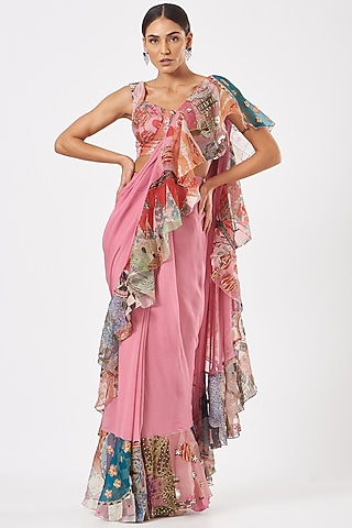 Pink Organza Printed & Embellished Ruffled Saree Set by Aisha Rao