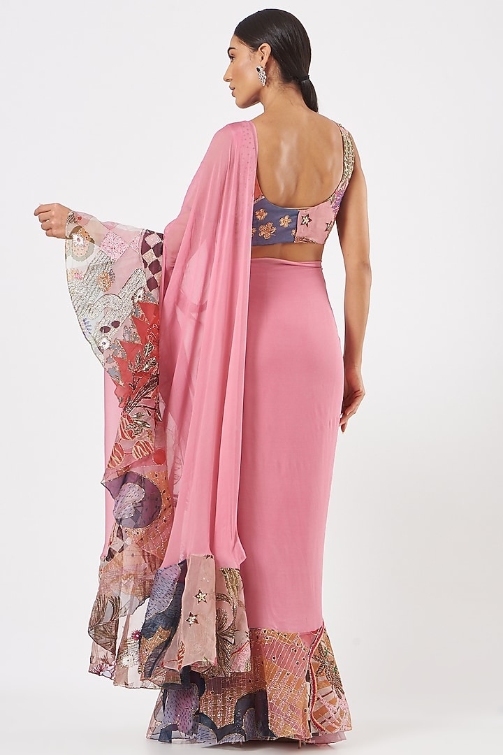 Pink Organza Printed & Embellished Ruffled Reception Saree Set by Aisha Rao at Pernia's Pop Up Shop