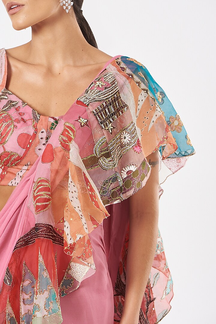 Pink Organza Printed & Embellished Ruffled Reception Saree Set by Aisha Rao at Pernia's Pop Up Shop