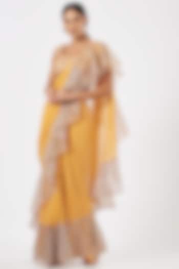 Yellow Organza Printed Saree Set by Aisha Rao
