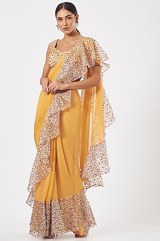 Yellow Organza Printed Saree Set by Aisha Rao