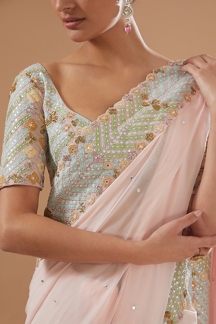 Pink Georgette Embellished Bridal Saree Set by Aisha Rao at Pernia's Pop Up Shop