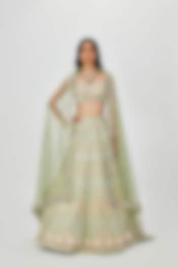 Moss Green Kasab Satin Embellished 16 Kali Bridal Lehenga Set by Aisha Rao at Pernia's Pop Up Shop