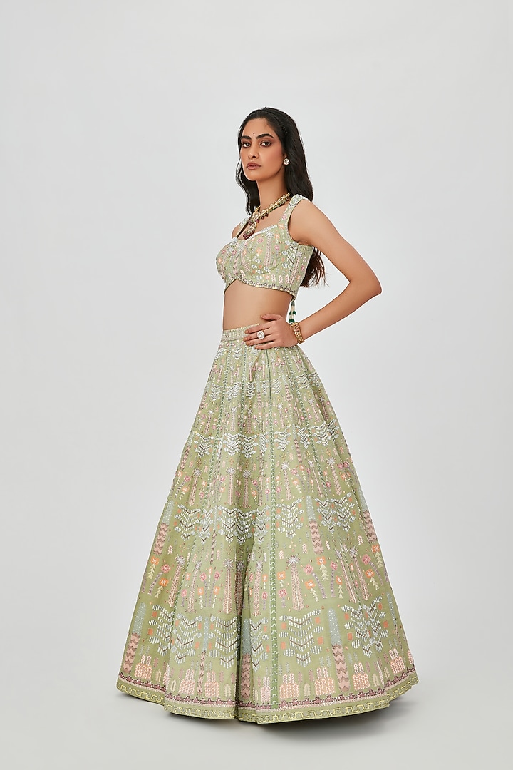 Moss Green Kasab Satin Embellished 16 Kali Bridal Lehenga Set by Aisha Rao at Pernia's Pop Up Shop