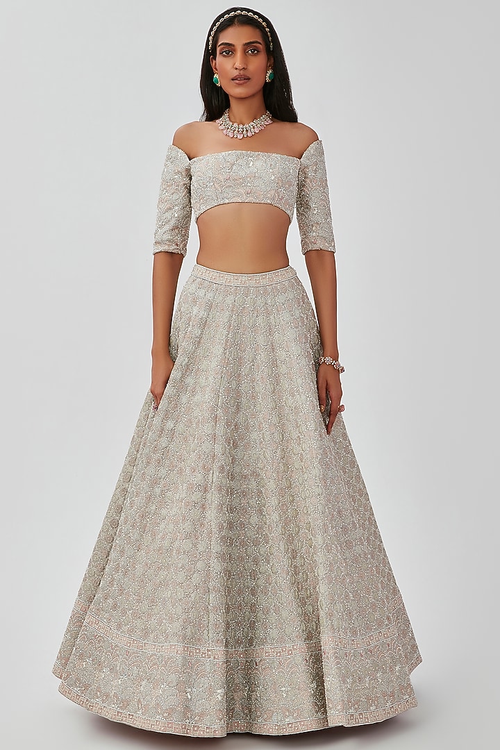 Pastel Silver Tissue & Net Embellished 16 Kali Bridal Lehenga Set by Aisha Rao at Pernia's Pop Up Shop