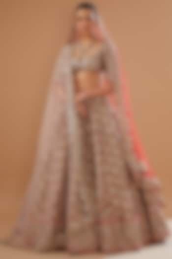 Rust Tissue Applique Embellished Bridal Lehenga Set  by Aisha Rao at Pernia's Pop Up Shop