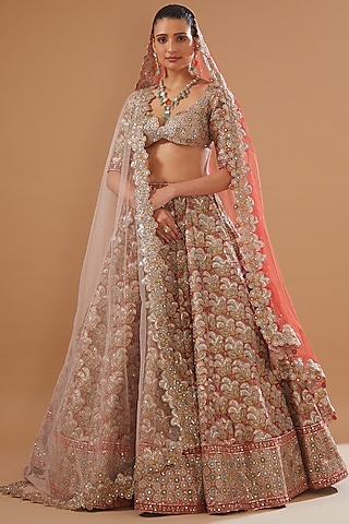 Rust Tissue Applique Embellished Lehenga Set  by Aisha Rao