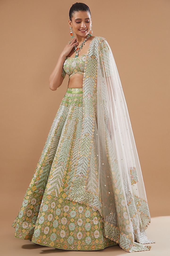 Lime Tissue Embellished Lehenga Set by Aisha Rao