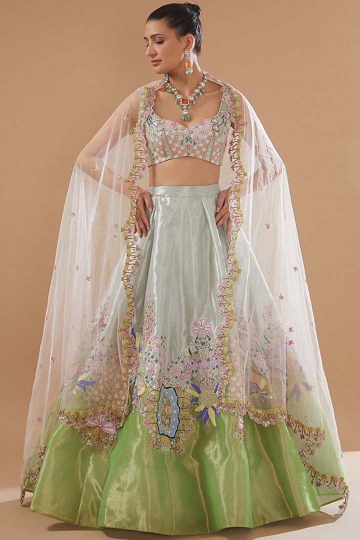 Ivory & Lime Tissue Embellished Bridal Lehenga Set by Aisha Rao at Pernia's Pop Up Shop