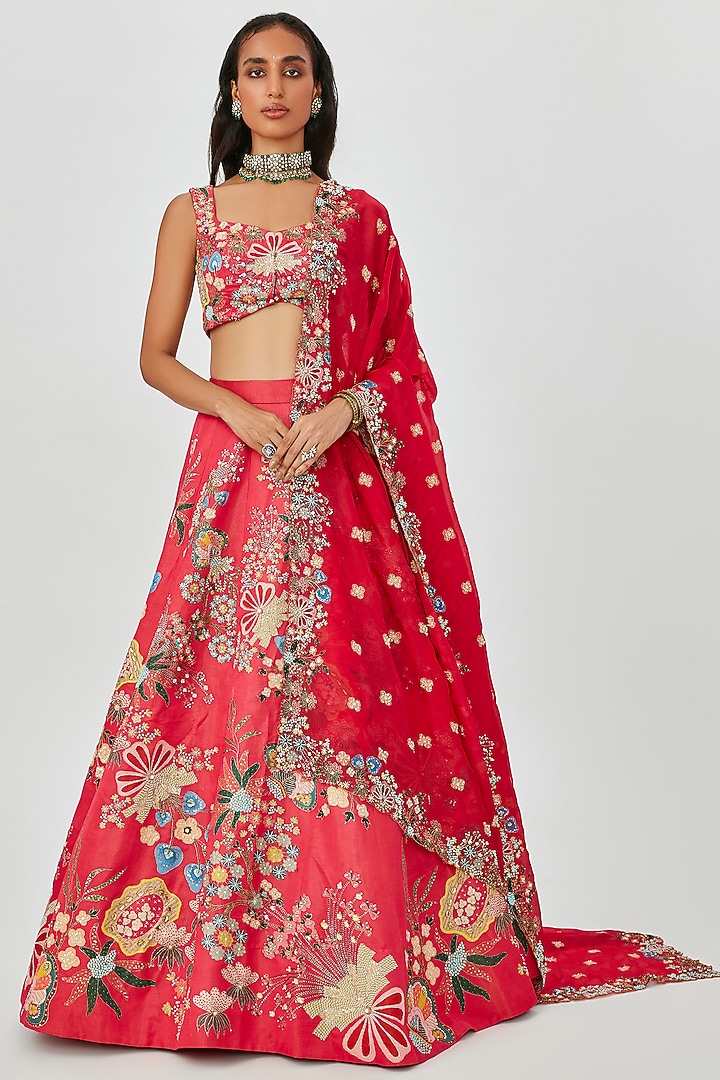 Carmine Pink Kasab Satin Embellished Bridal Lehenga Set by Aisha Rao at Pernia's Pop Up Shop