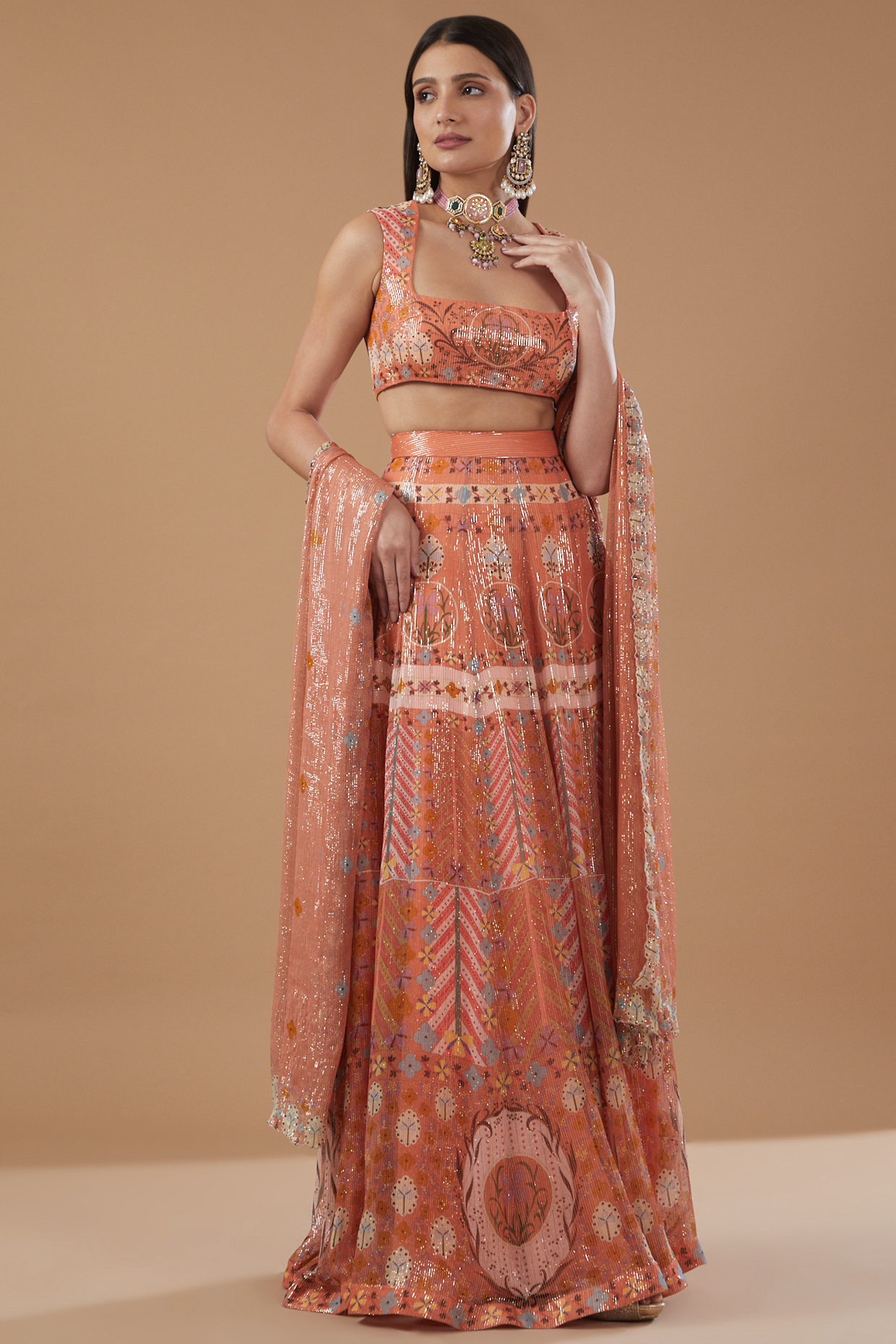 Peach Dobby Printed & Embellished Lehenga Set by Aisha Rao