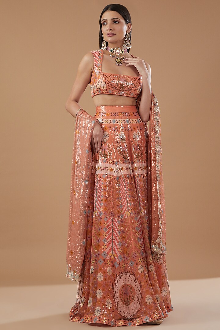 Peach Dobby Printed & Embellished Lehenga Set by Aisha Rao