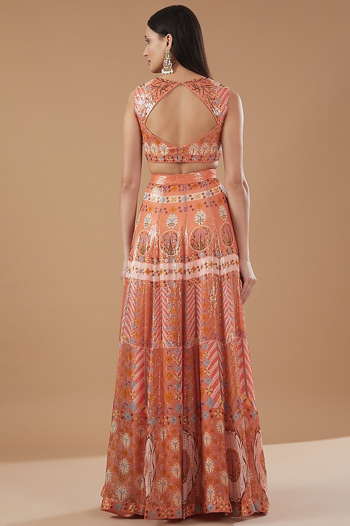 Peach Dobby Printed & Embellished Wedding Lehenga Set by Aisha Rao at Pernia's Pop Up Shop