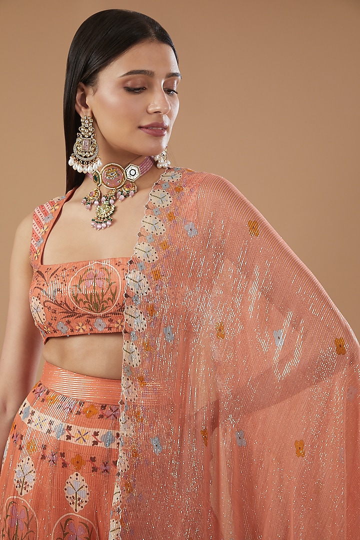 Peach Dobby Printed & Embellished Wedding Lehenga Set by Aisha Rao at Pernia's Pop Up Shop
