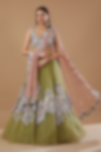 Green Net Embellished Bridal Lehenga Set by Aisha Rao at Pernia's Pop Up Shop