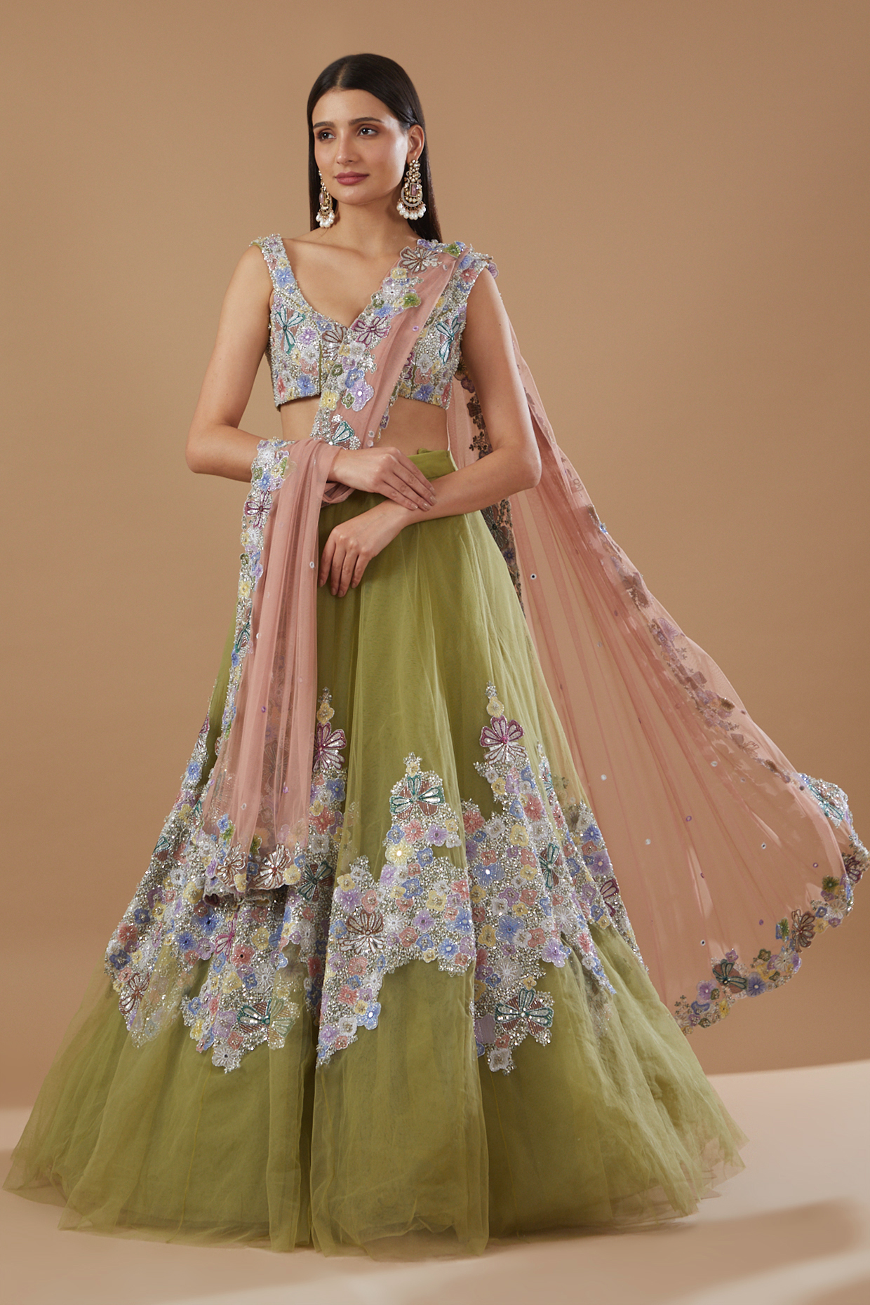 Green Net Embellished Bridal Lehenga Set by Aisha Rao at Pernia's Pop Up Shop
