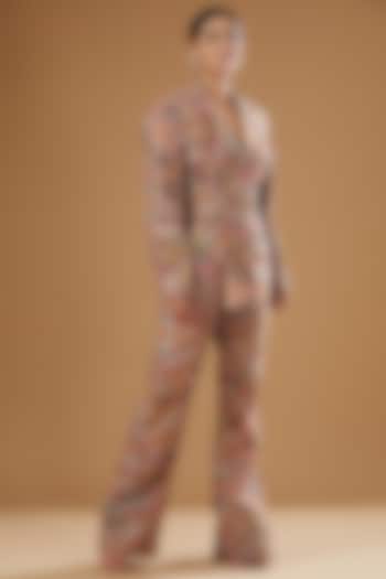 Multi-Colored Raw Silk Embellished & Printed Pant Suit Set by Aisha Rao