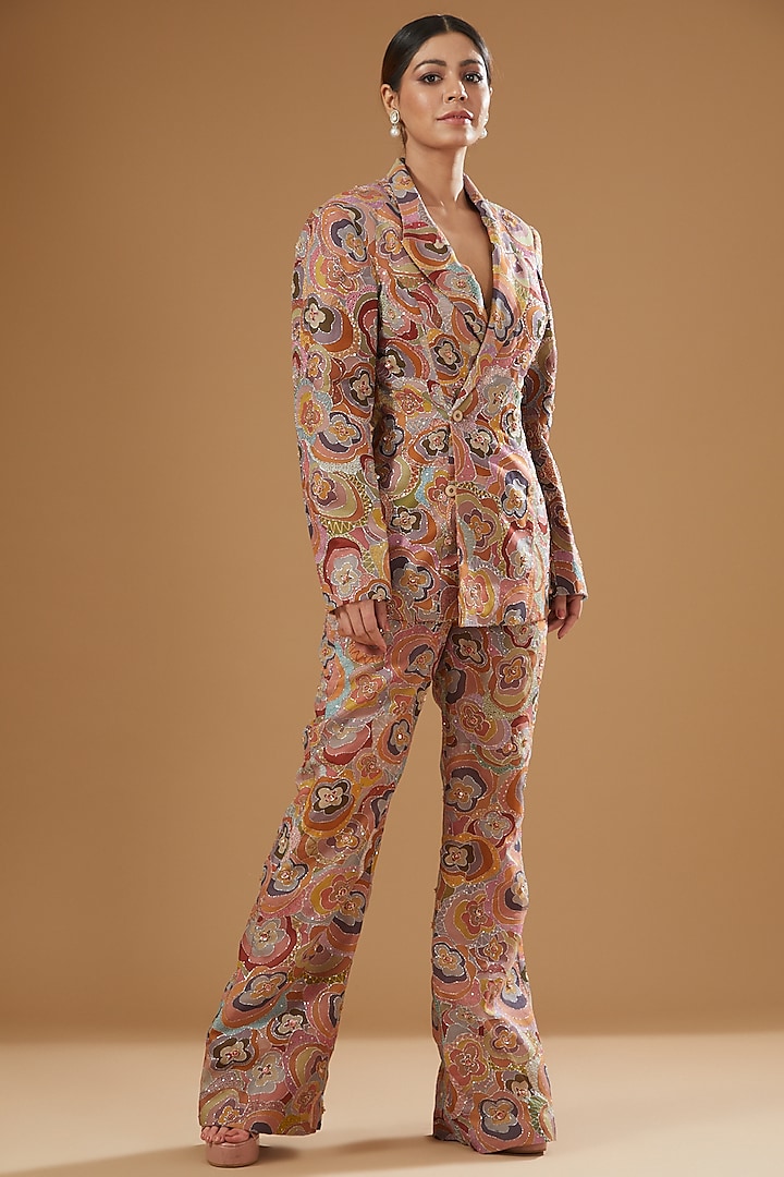 Multi-Colored Raw Silk Embellished & Printed Pant Suit Set by Aisha Rao