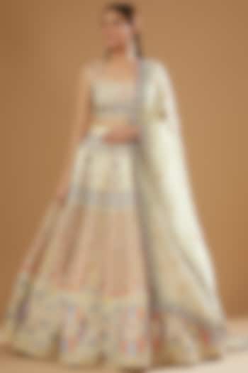 Beige Kasab Satin Printed & Embellished 12 Kali Bridal Lehenga Set by Aisha Rao at Pernia's Pop Up Shop