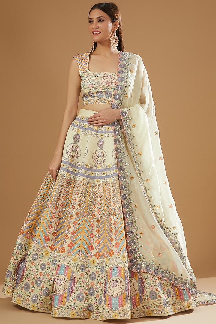 Beige Kasab Satin Printed & Embellished 12 Kali Bridal Lehenga Set by Aisha Rao at Pernia's Pop Up Shop