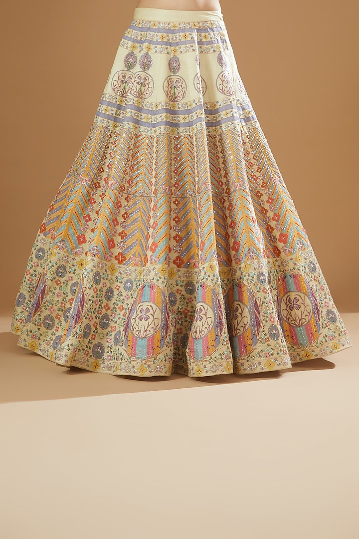 Beige Kasab Satin Printed & Embellished 12 Kali Bridal Lehenga Set by Aisha Rao at Pernia's Pop Up Shop