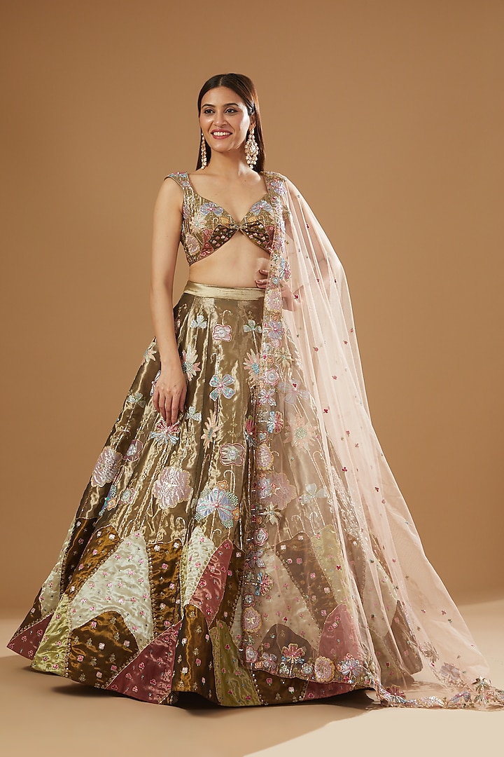 Brown Tissue Embroidered Bridal Lehenga Set by Aisha Rao at Pernia's Pop Up Shop