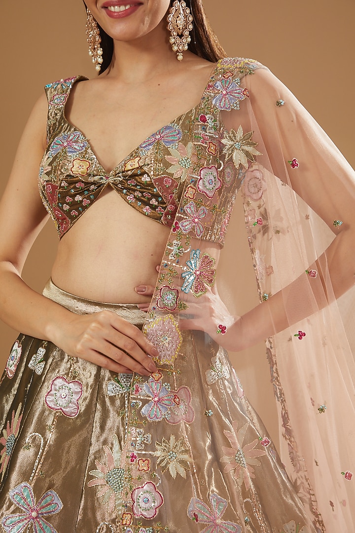 Brown Tissue Embroidered Bridal Lehenga Set by Aisha Rao at Pernia's Pop Up Shop