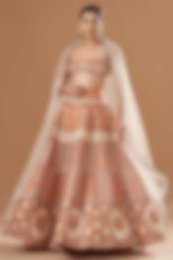 Peach Kasab Satin Embellished Bridal Lehenga Set by Aisha Rao at Pernia's Pop Up Shop