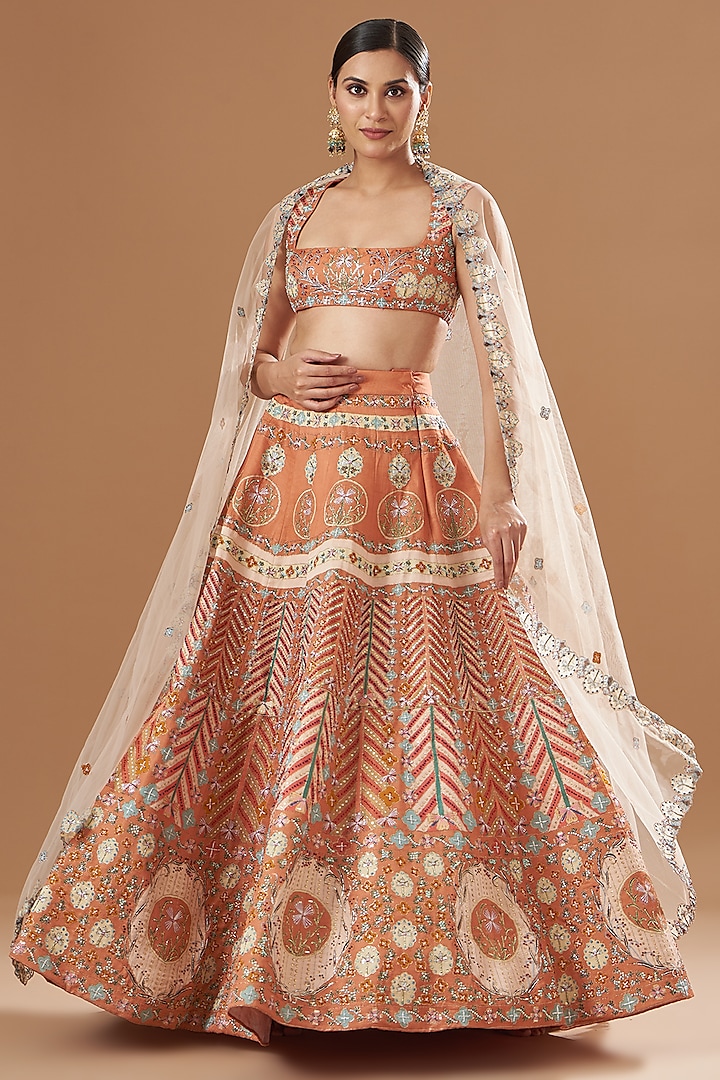 Peach Kasab Satin Embellished Bridal Lehenga Set by Aisha Rao at Pernia's Pop Up Shop