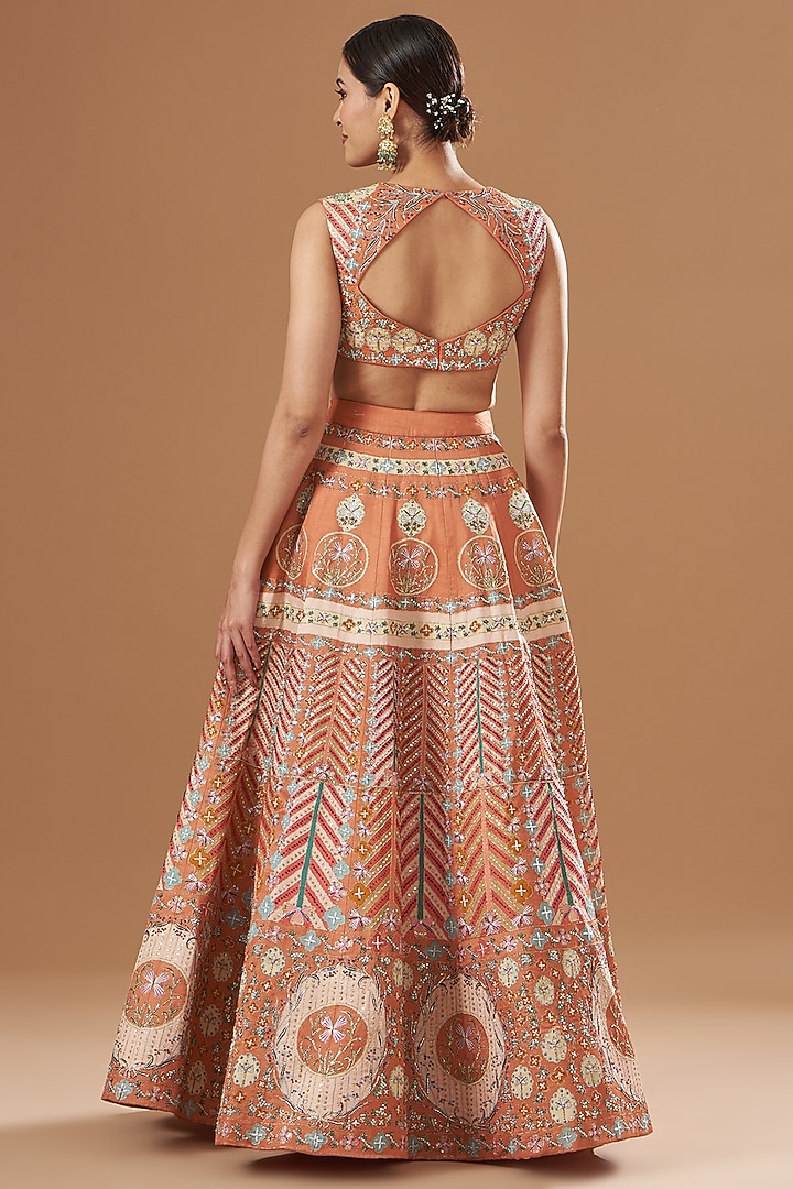 Peach Kasab Satin Embellished Bridal Lehenga Set by Aisha Rao at Pernia's Pop Up Shop