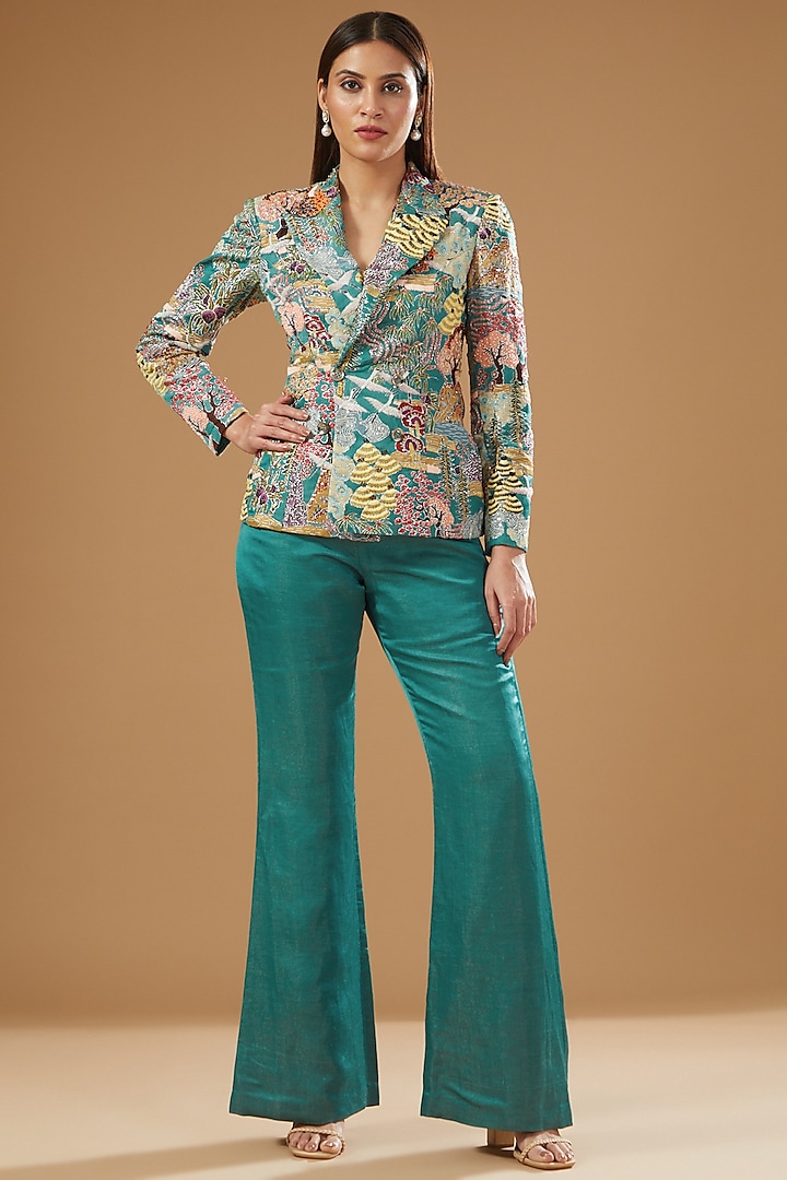 Turquoise Raw Silk Embellished Pant Suit Set by Aisha Rao
