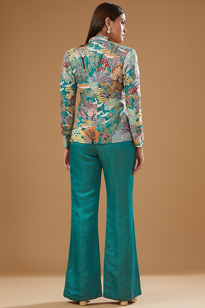 Turquoise Raw Silk Embellished Pant Suit Set by Aisha Rao at Pernia's Pop Up Shop