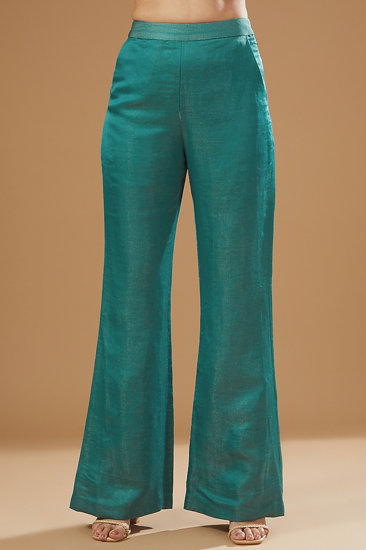Turquoise Raw Silk Embellished Pant Suit Set by Aisha Rao at Pernia's Pop Up Shop