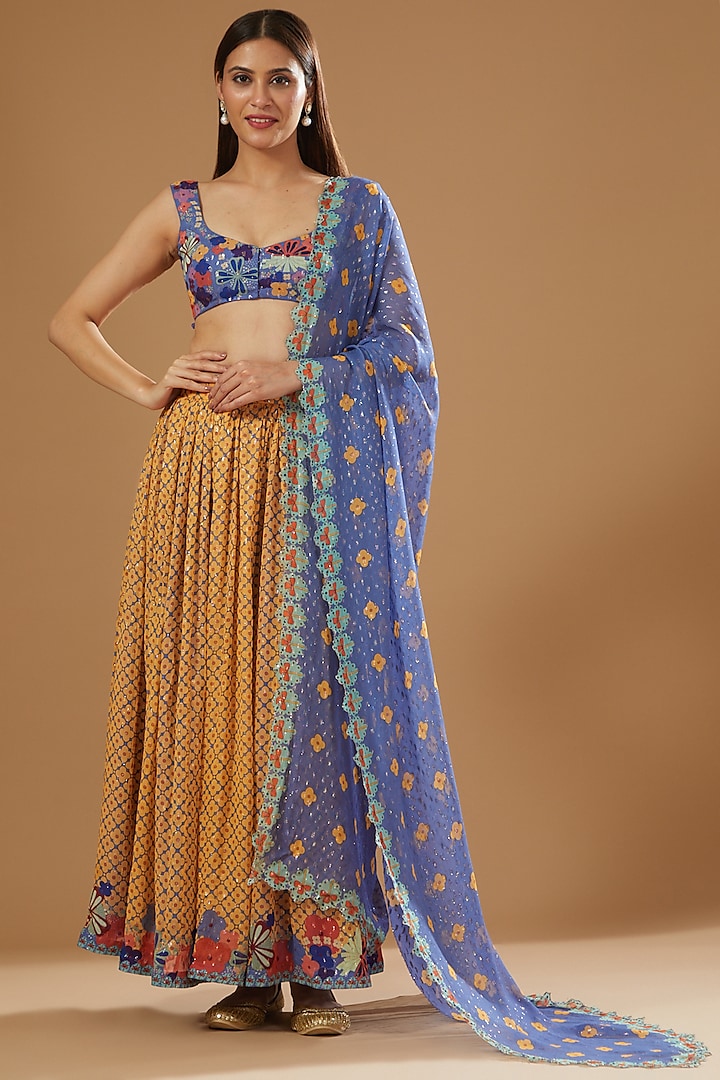 Yellow Dobby Printed & Embellished Wedding Lehenga Set by Aisha Rao at Pernia's Pop Up Shop