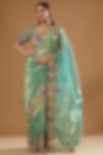 Turquoise Tissue Embellished Saree Set by Aisha Rao