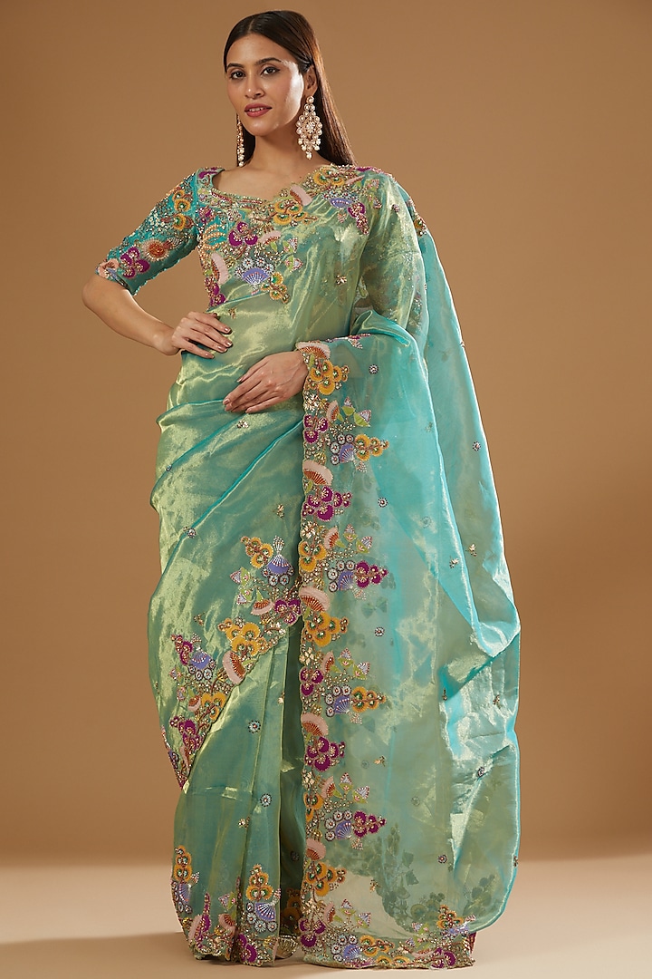 Turquoise Tissue Embellished Saree Set by Aisha Rao