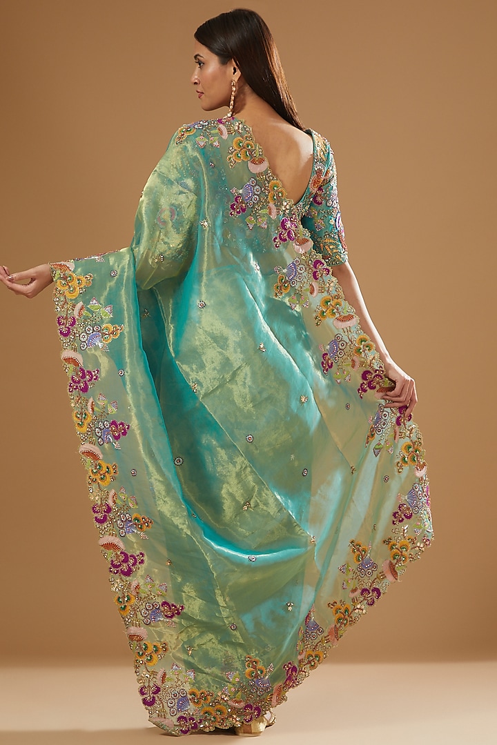 Turquoise Tissue Embellished Bridal Saree Set by Aisha Rao at Pernia's Pop Up Shop