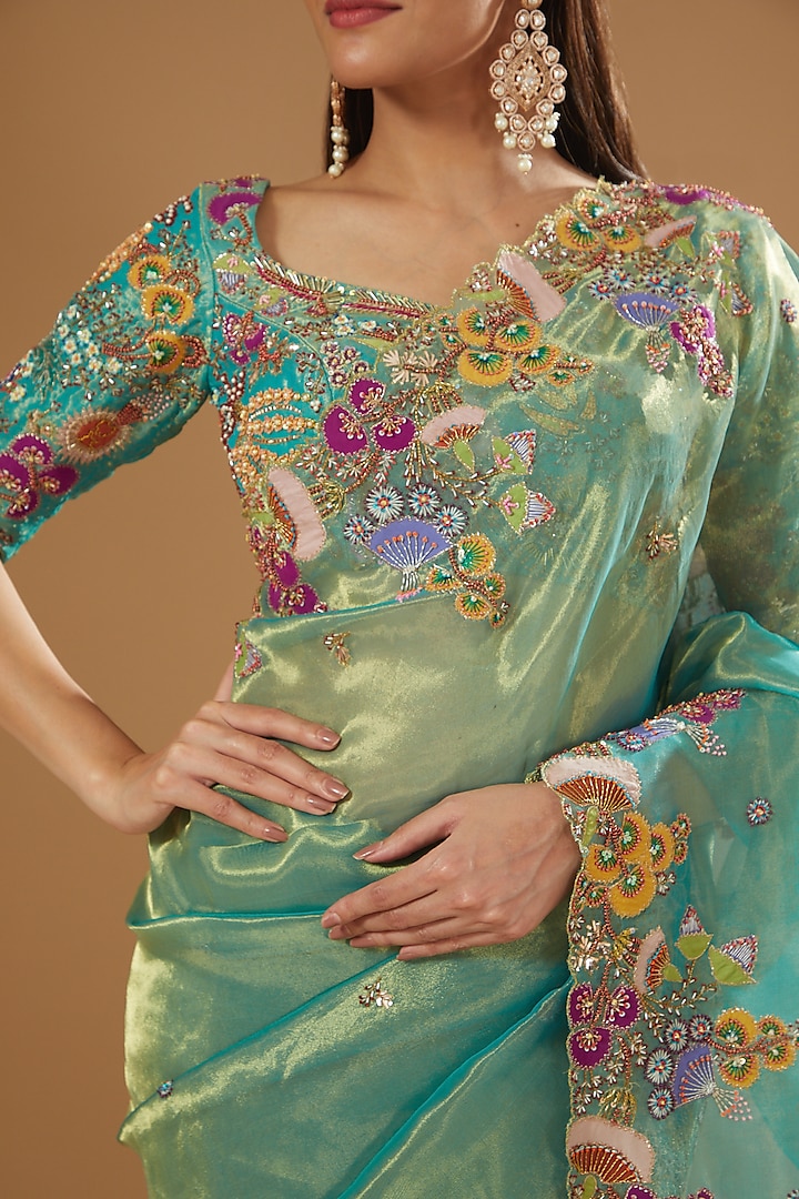 Turquoise Tissue Embellished Bridal Saree Set by Aisha Rao at Pernia's Pop Up Shop