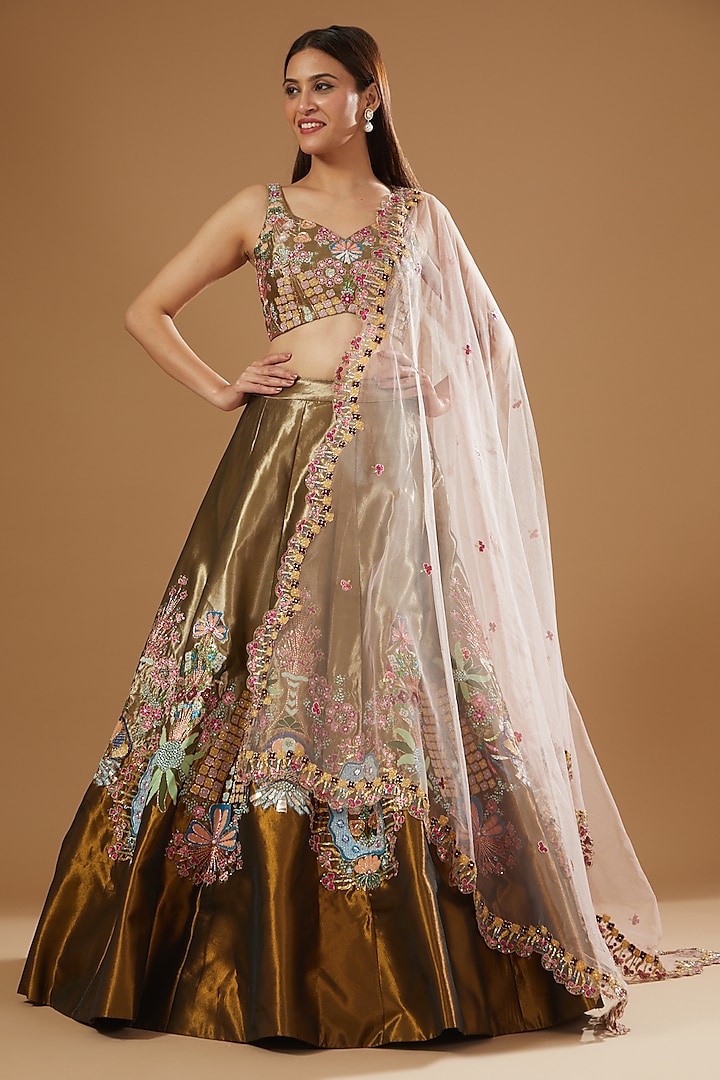 Copper & Gold Tissue Embellished Lehenga Set by Aisha Rao