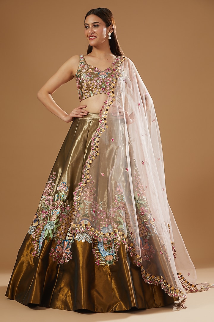 Copper & Gold Tissue Embellished Bridal Lehenga Set by Aisha Rao at