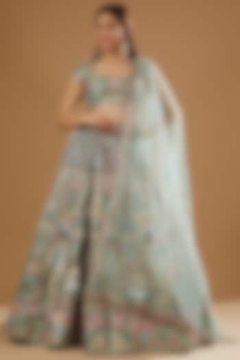 Green Tissue Embellished 16 Kali Bridal Lehenga Set by Aisha Rao at Pernia's Pop Up Shop