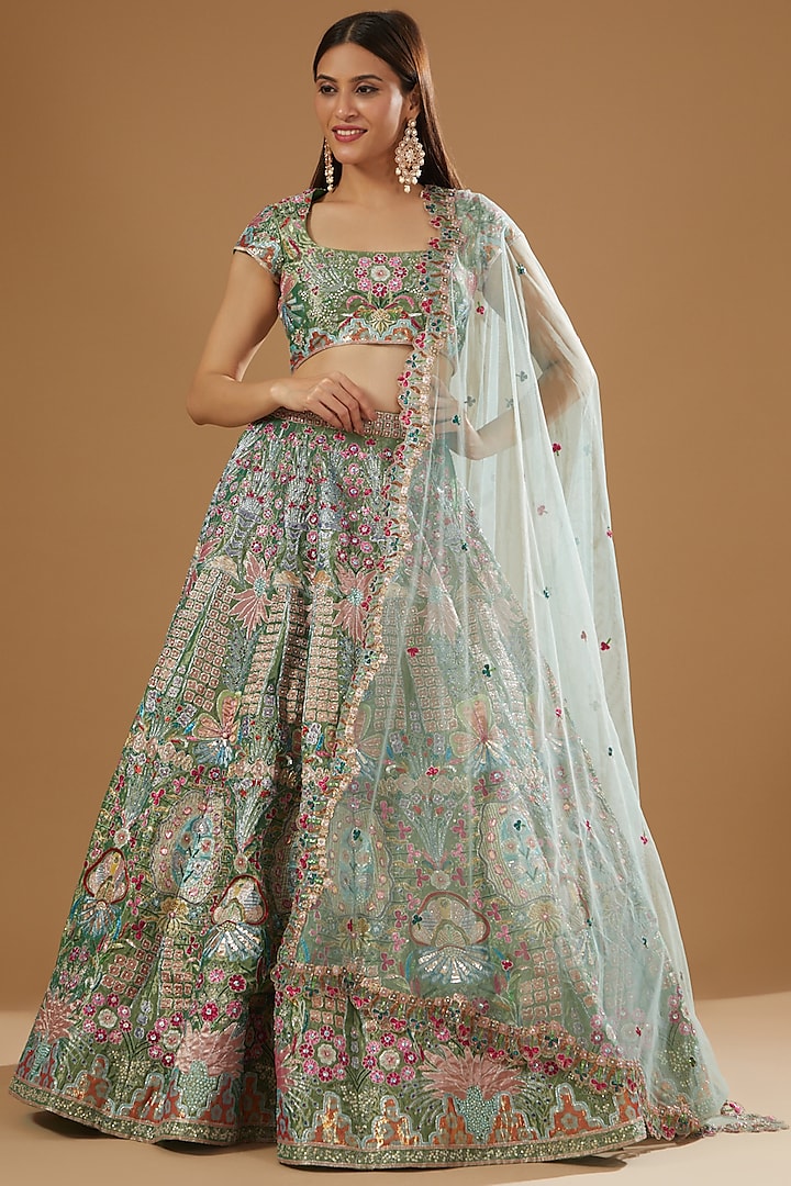 Green Tissue Embellished 16 Kali Bridal Lehenga Set by Aisha Rao at Pernia's Pop Up Shop