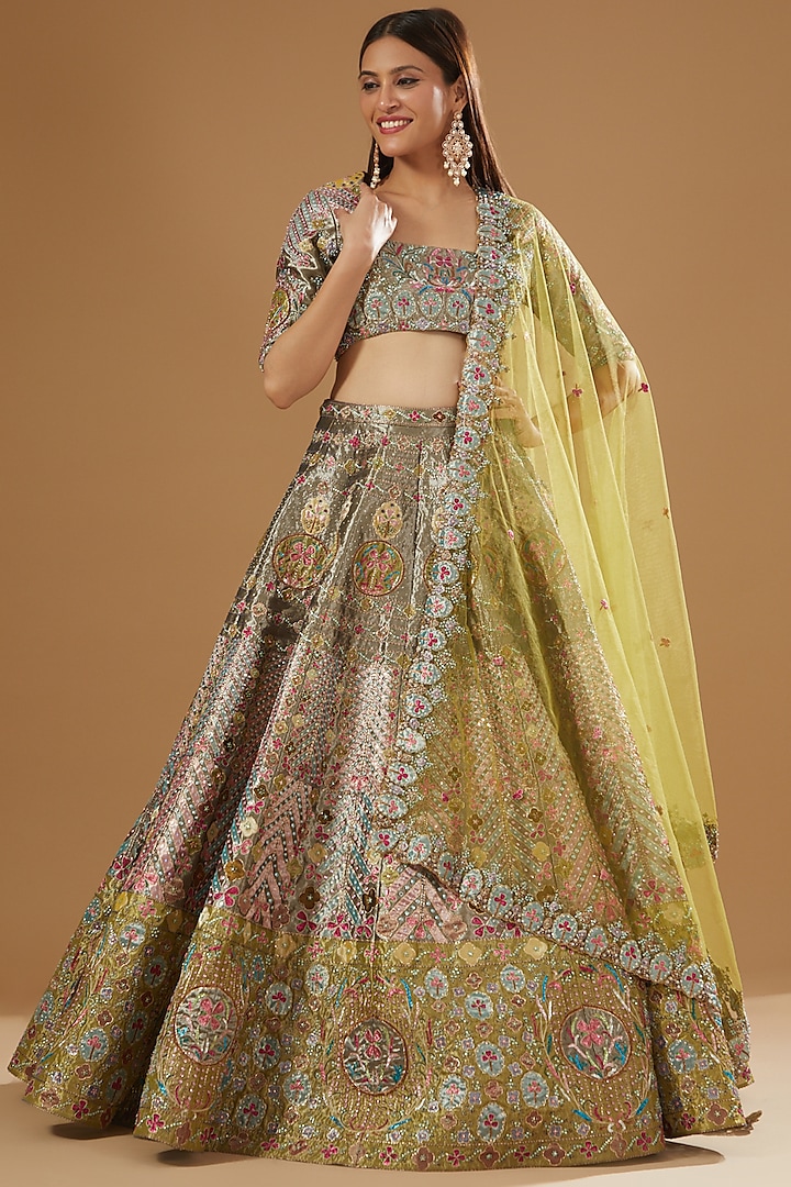 Pewter Tissue Embellished 16 Kali Bridal Lehenga Set by Aisha Rao at Pernia's Pop Up Shop