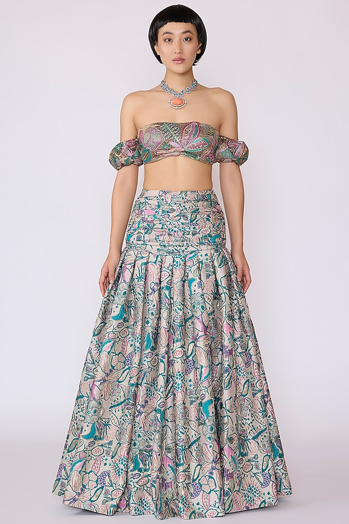 Pink-Green Jacquard Printed Skirt Set by Aisha Rao at Pernia's Pop Up Shop