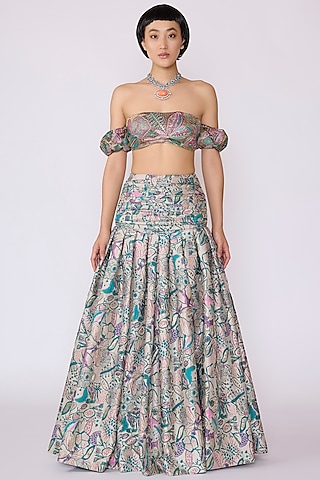 Pink-Green Jacquard Printed Skirt Set by Aisha Rao