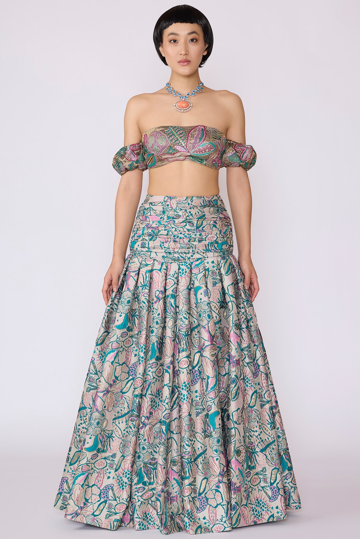 Pink-Green Jacquard Printed Skirt Set by Aisha Rao at Pernia's Pop