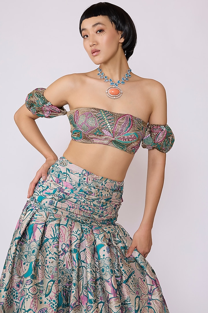 Pink-Green Jacquard Printed Skirt Set by Aisha Rao at Pernia's Pop Up Shop