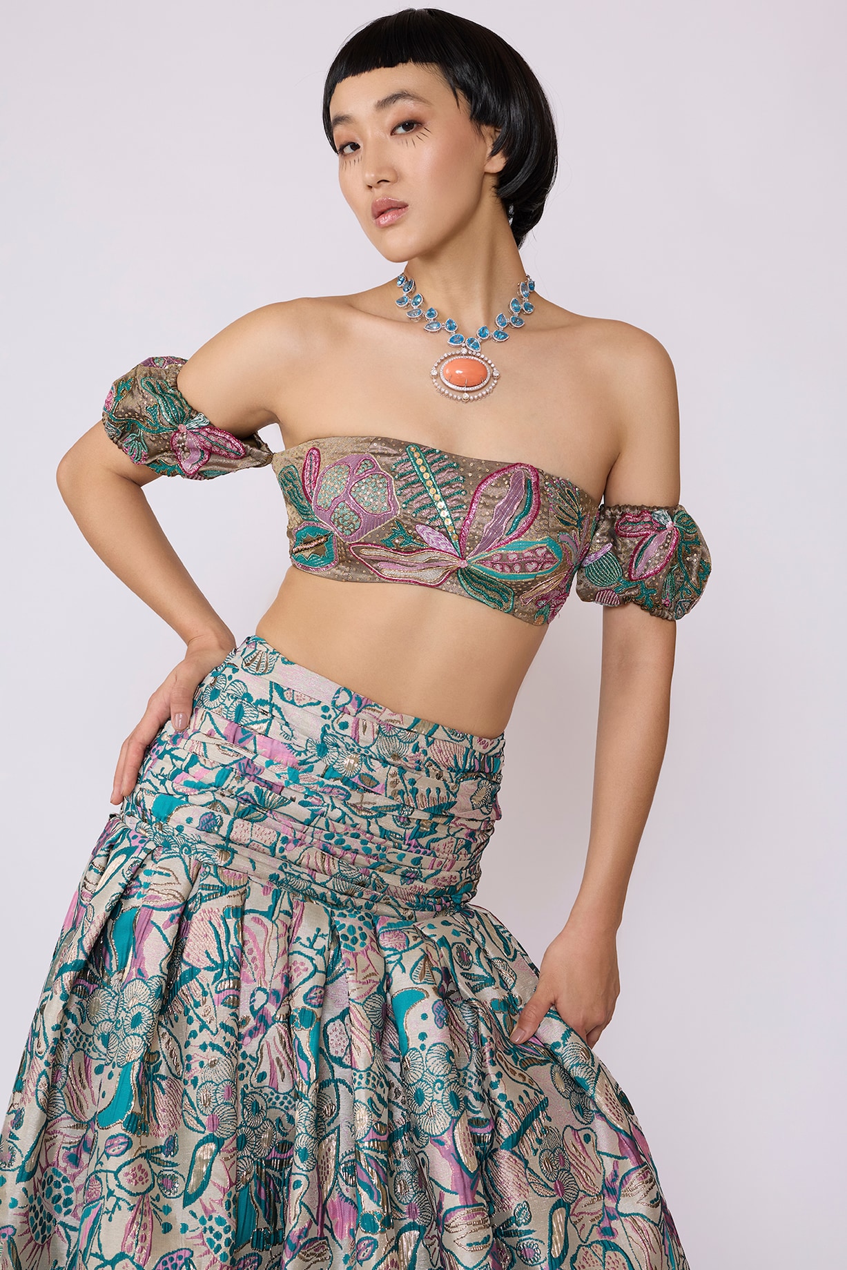Pink-Green Jacquard Printed Skirt Set by Aisha Rao at Pernia's Pop